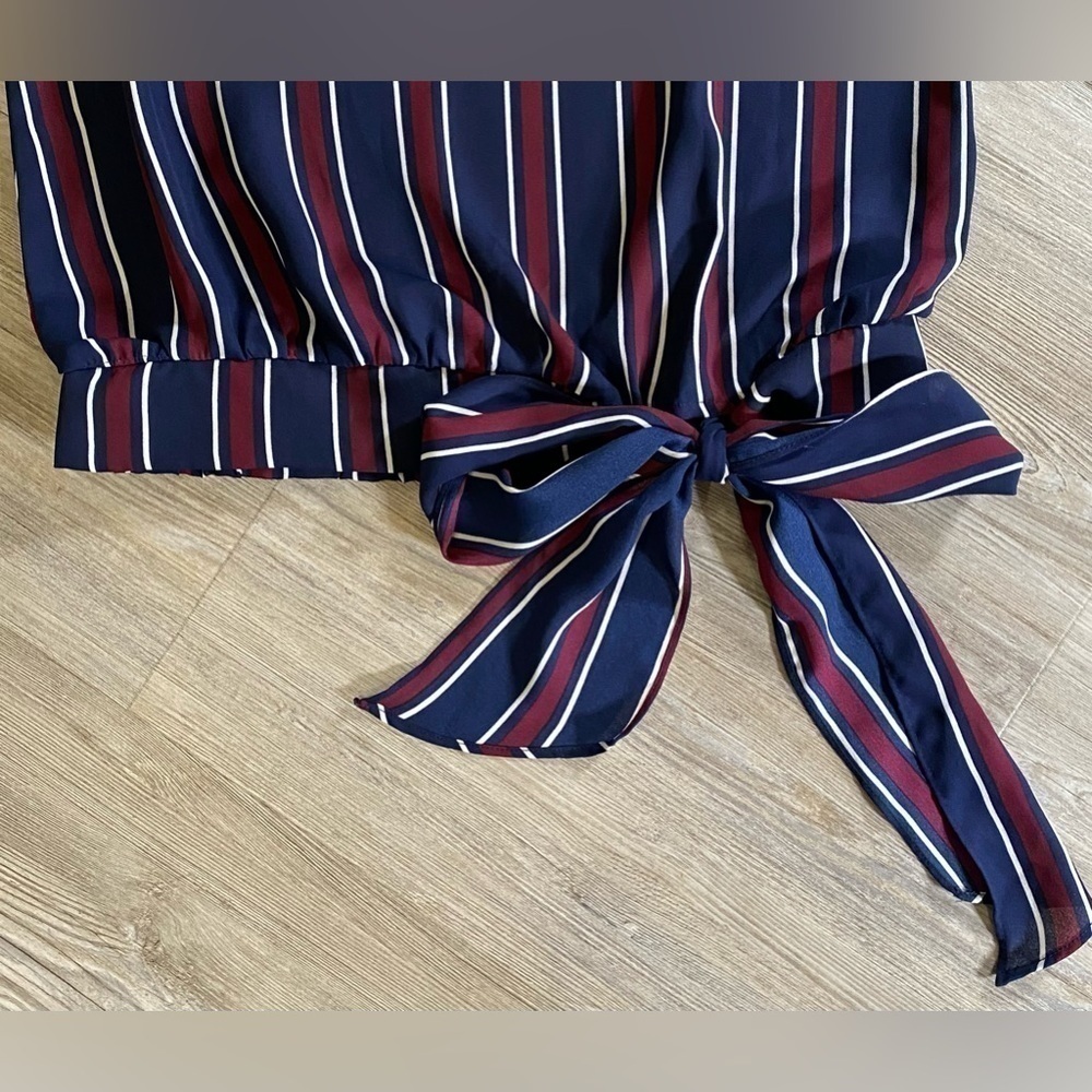 Nine Britton Navy Blue, Maroon, White Striped Blouse with Waist Tie - Picture 3 of 4